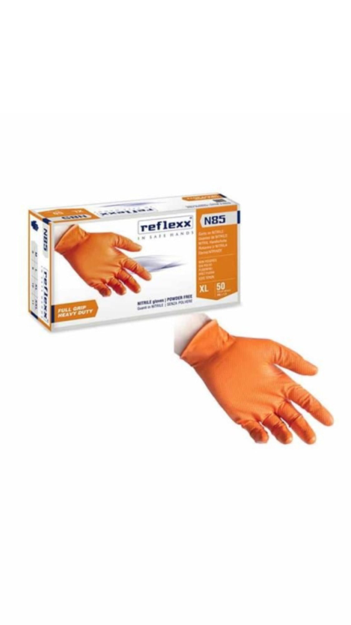 Guanti in nitrile arancioni reflexx n85 senza polvere full grip da 50 Pezzi gr. 8,4 ultra resistente